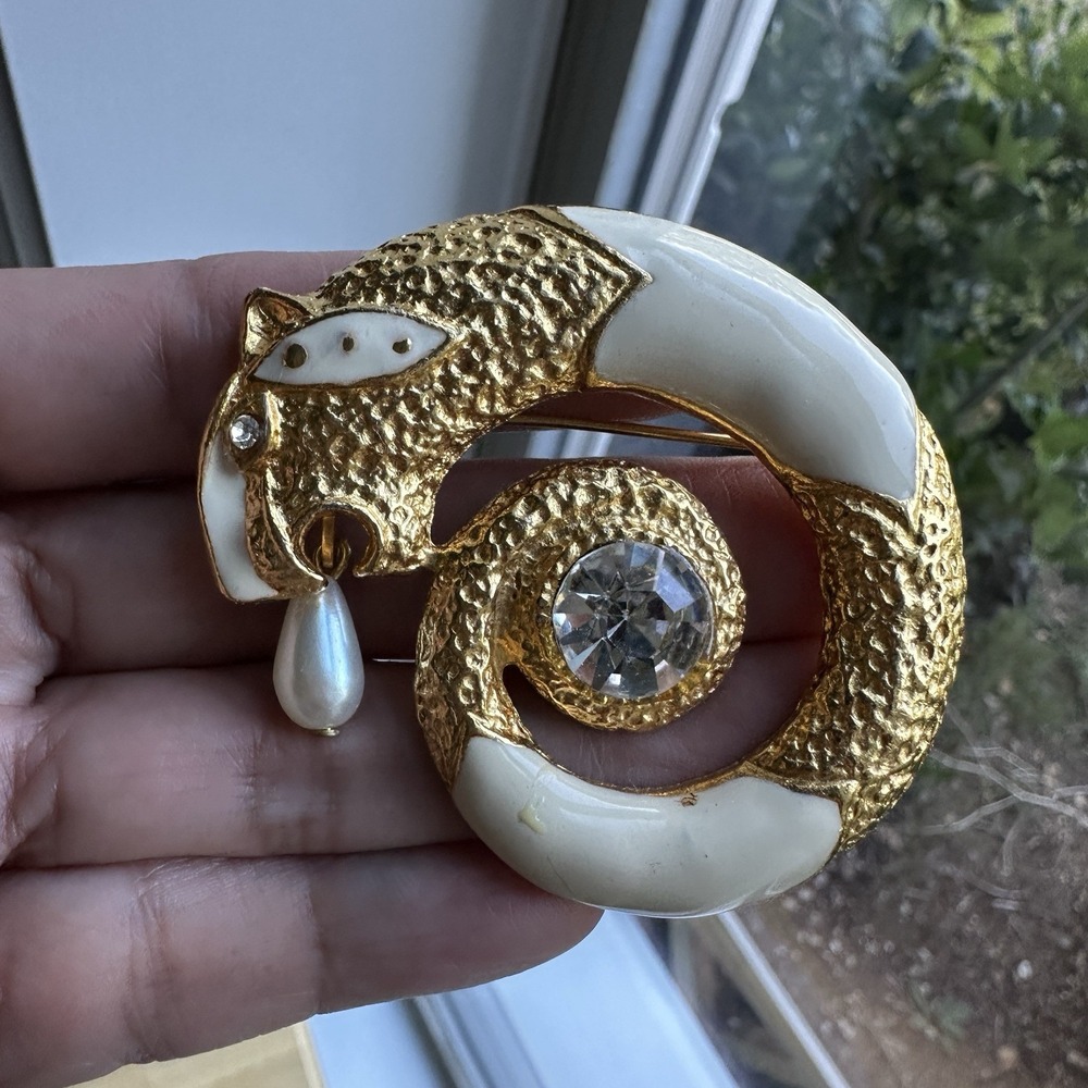 Vintage Brooch Pendant 2.3 Inch Panther Cougar Gold White Enamel Clear Crystal